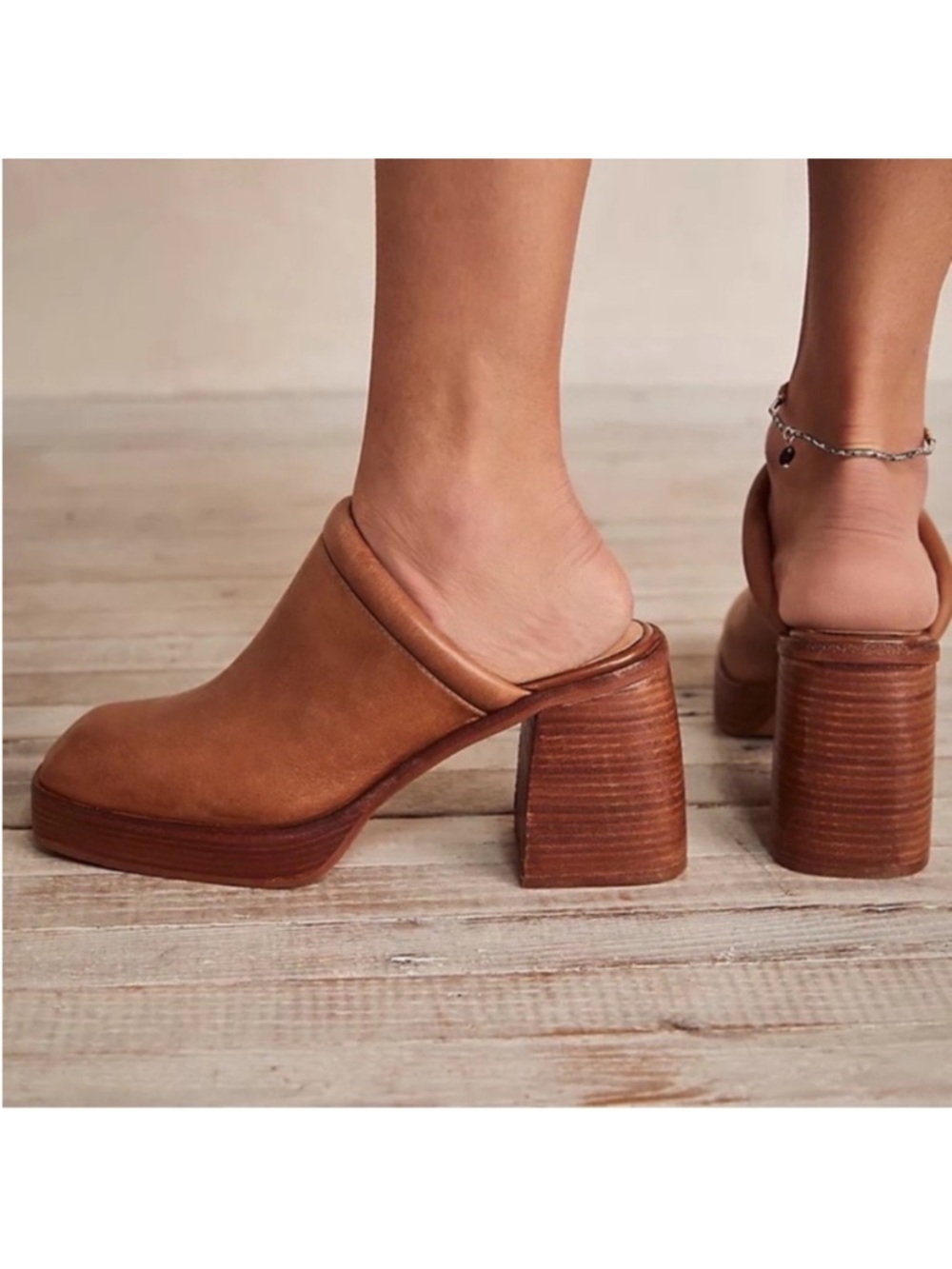 Free People Tan Leather Block Heel Mules